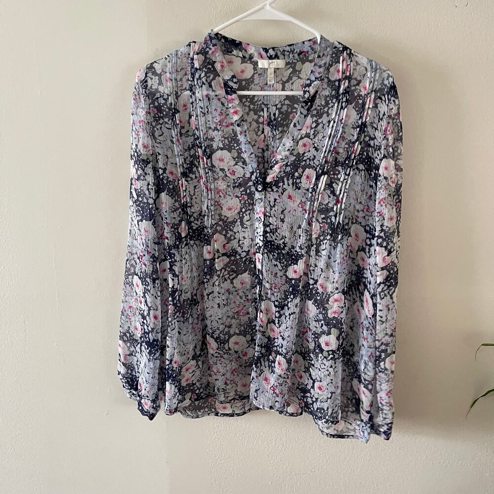 Joie Womens S Silk Blouse Blue Pink Floral Sheer Button Up Flawed W3721165C